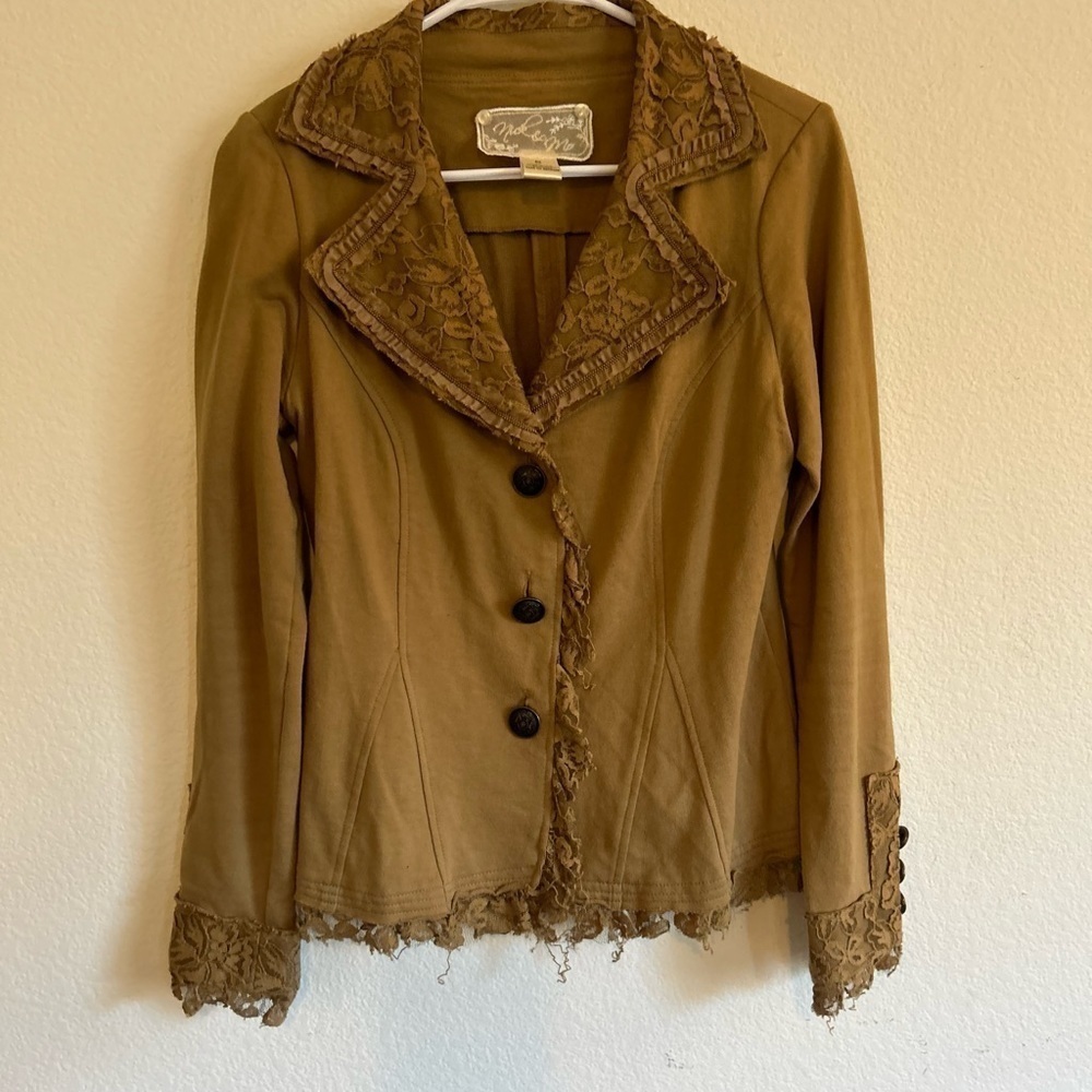 Nick and Mo Small Jacket Boutique
Women's lace trim Blazer mustard brown color